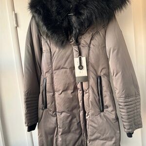 Noize Taupe Puffer Coat with Black Faux Fur Hood